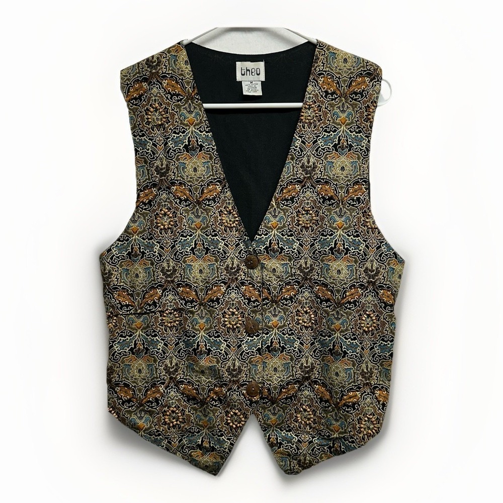 Theo Vest Women Medium Black Gold Paisley Beaded Cotton Cinch Back Boho Vintage‎